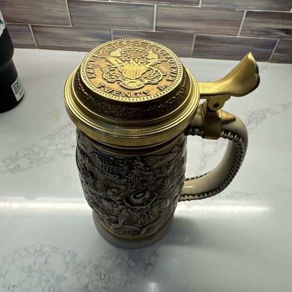 Vintage 1987 AVON Ceramic THE GOLD RUSH Handled Lidded 3-D BEER STEIN Mug - Picture 4 of 9